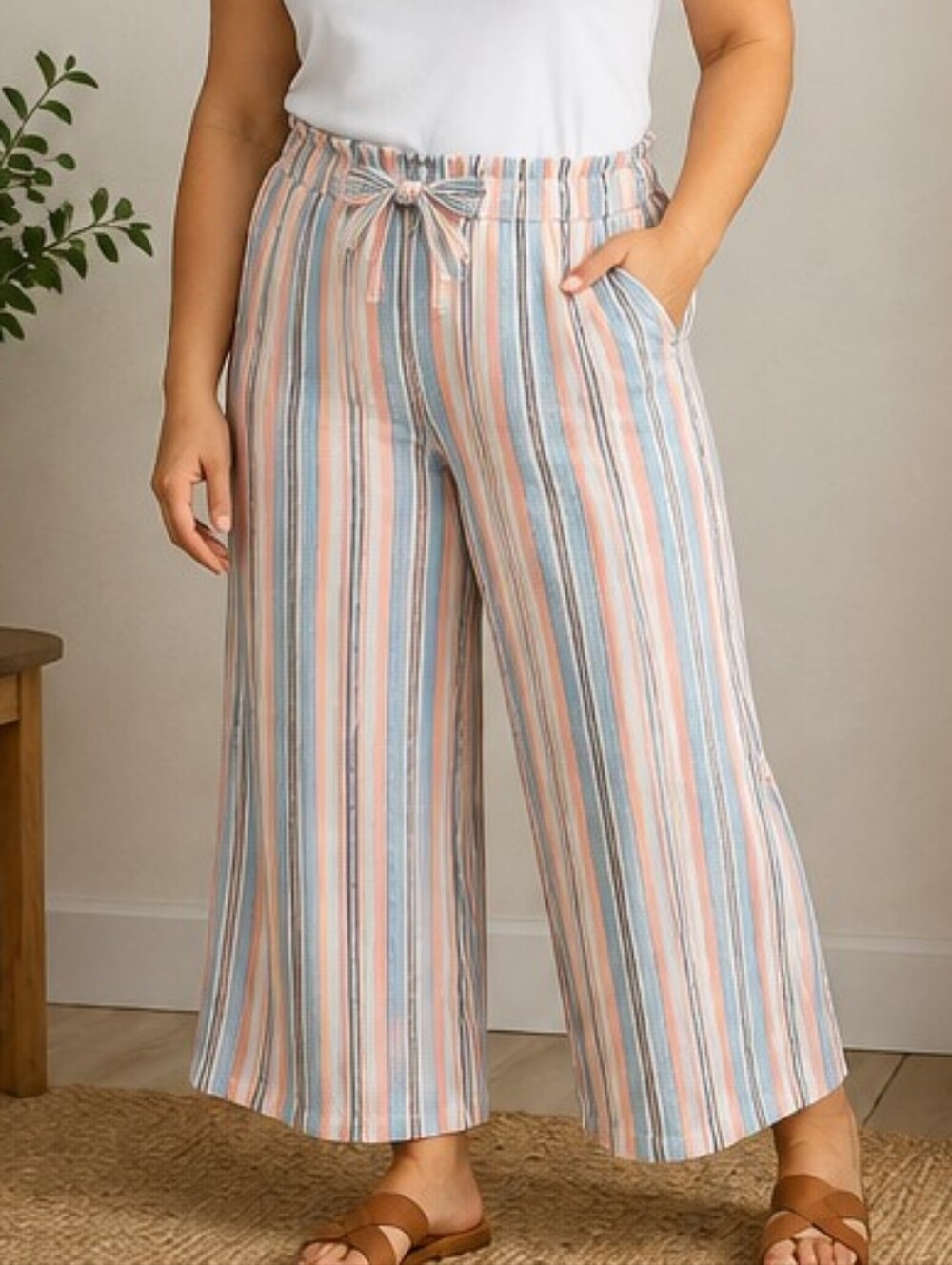 Zac & Rachel Linen Blend Striped Wide Leg Pants XL